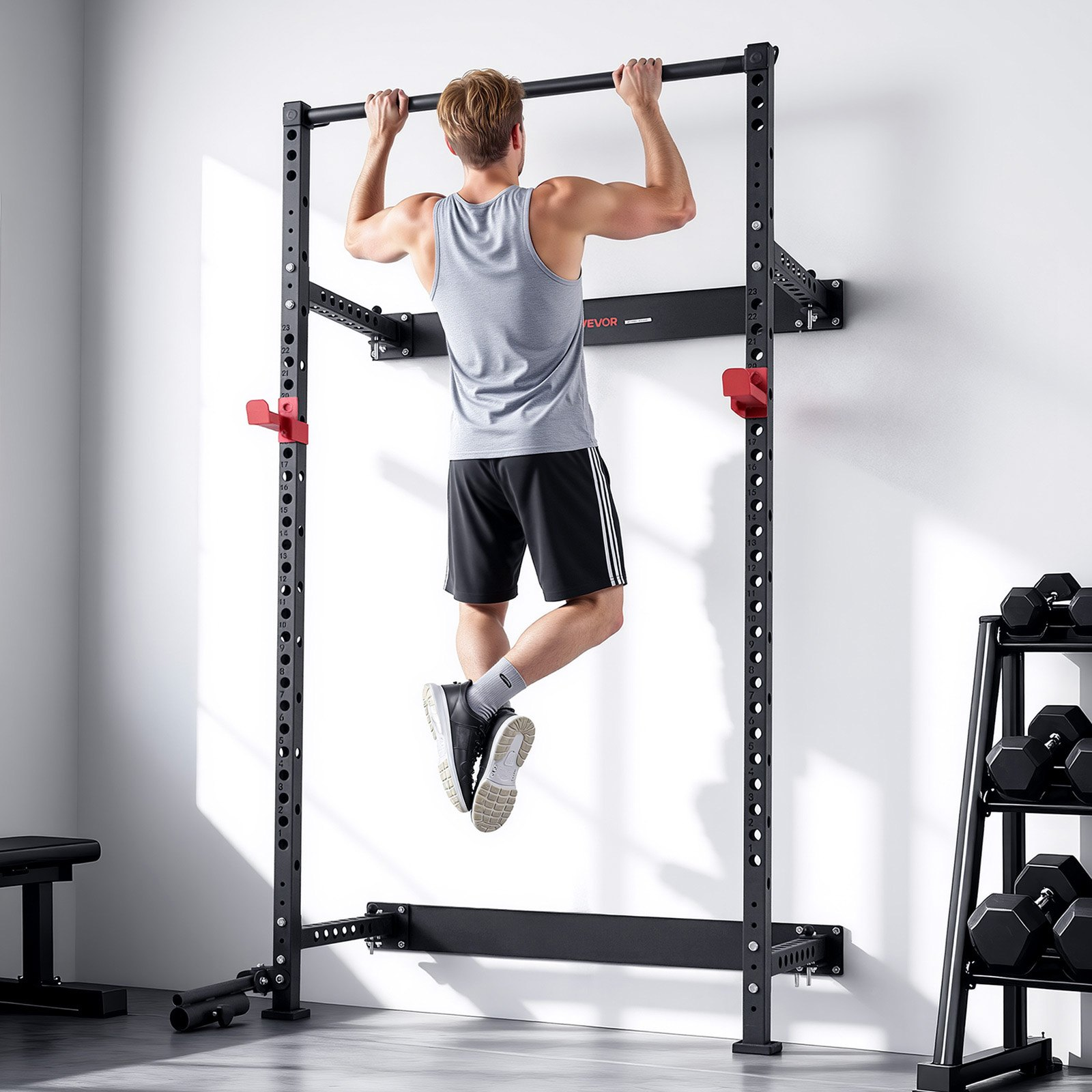 Start2Finish VEVOR folding power cage with wall-mounted squat rack, pull-up bar, J-hooks, and landmine holder for home gym strength training