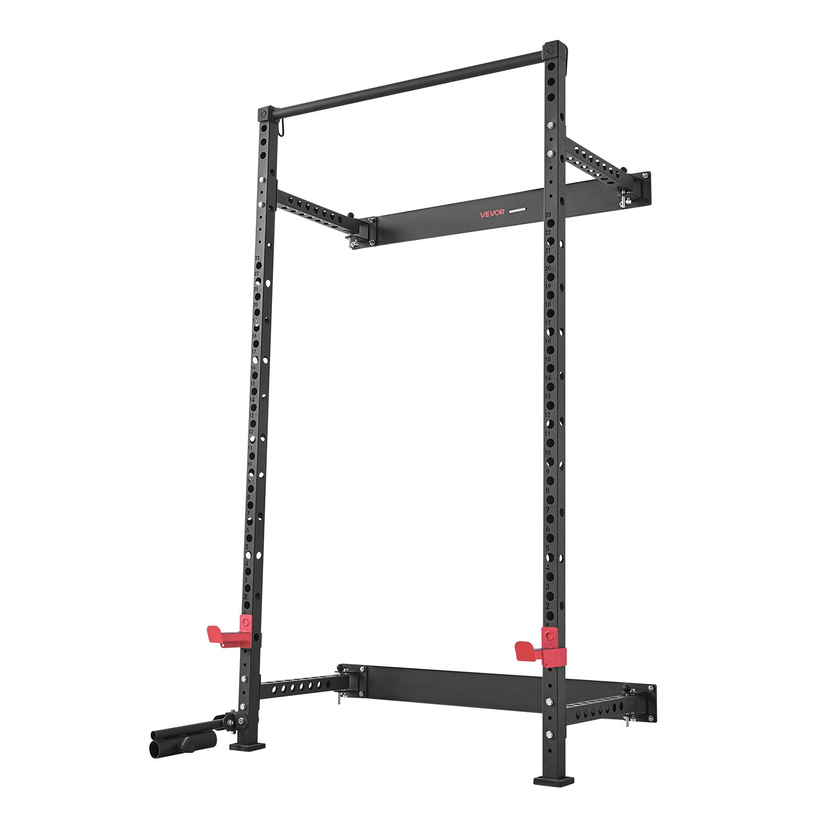 Start2Finish VEVOR folding power cage with wall-mounted squat rack, adjustable J-hooks, pull-up bar, and landmine for home gym strength training.