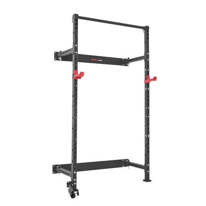 Start2Finish VEVOR folding power cage with wall mount, J-hooks, pull-up bar, and landmine holder for strength training in home gym.