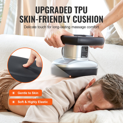 Start2Finish VEVOR chiropractic handheld massager with adjustable speed, used on back, neck, and shoulder muscles for relief.