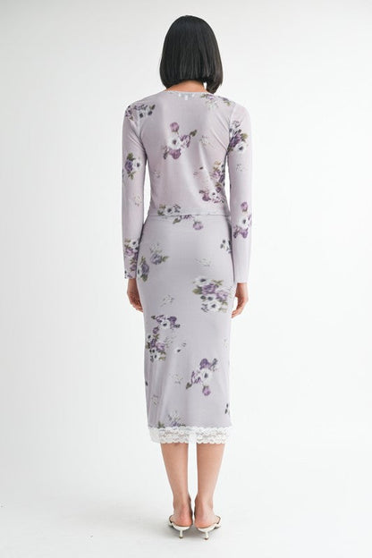 Automotive floral midi skirt with lace trim by Jade Icarus, featuring a floral print and elegant lace detailing.