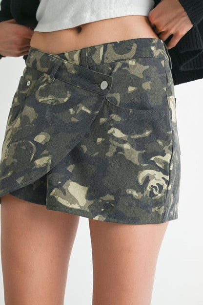 Automotive wrapped mini skirt with button details from Jade Icarus, featuring a sleek design and button accents.