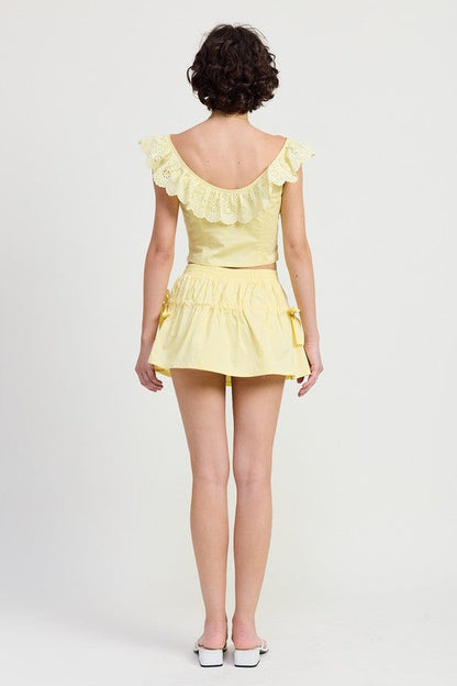 Automotive part image showing a Jade Icarus MNII Ruched Poplin Mini Skirt with detailed fabric texture and ruched design.
