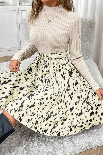 Women’s knit patchwork printed belted A-line dress by Jade Icarus featuring colorful patterns and a waist belt, perfect for casual wear.