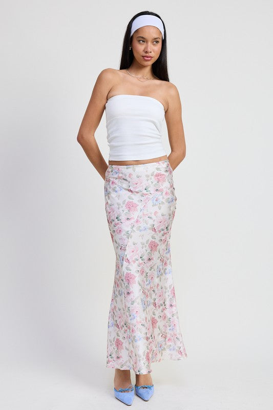 Automotive bias floral maxi skirt with a vibrant floral pattern, designed by Jade Icarus.