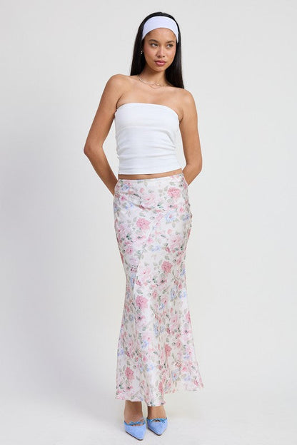 Automotive bias floral maxi skirt with a vibrant floral pattern, designed by Jade Icarus.