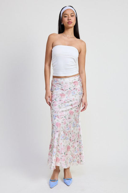 Jade Icarus bias floral maxi skirt for automotive design, featuring a vibrant floral pattern and flowing fabric.