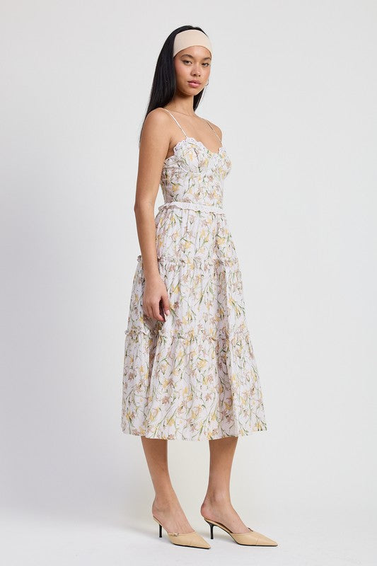 Jade Icarus MIDI floral corset dress for women, featuring a fitted bodice and flowing skirt with vibrant floral patterns.