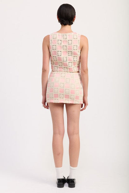 Automotive MINI Jacquard Skirt by Jade Icarus featuring detailed jacquard fabric design and tailored fit.