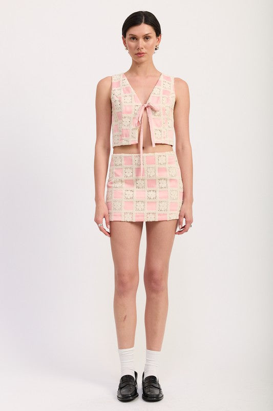 Automotive MINI Jacquard Skirt by Jade Icarus featuring detailed fabric pattern and sleek design, displayed on a car.