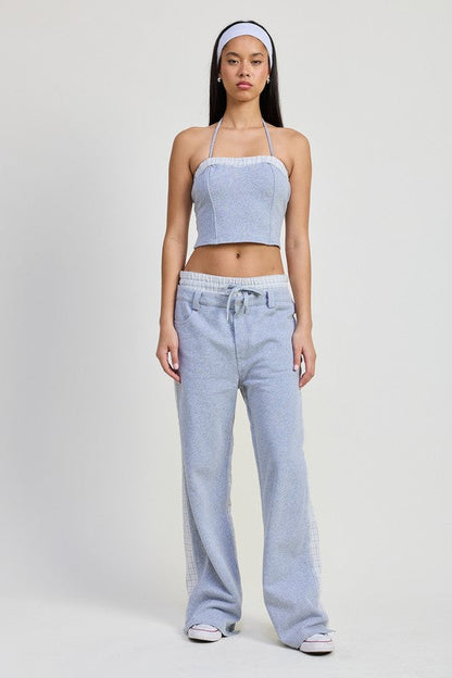 Jade Icarus double waist straight leg pants in neutral fabric, front view showing fit and style.