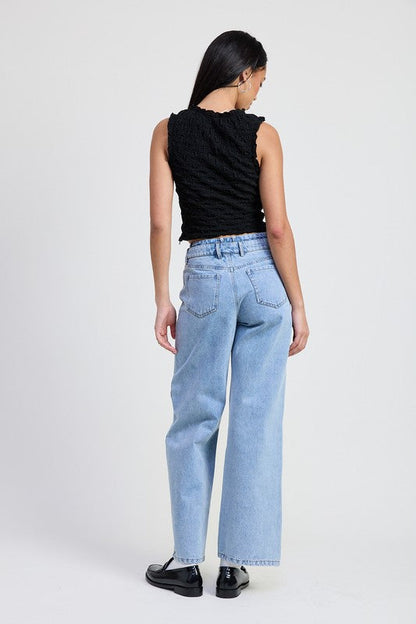 Jade Icarus layered straight-leg denim pants, automotive-style with detailed stitching and layered design, shown on a white background.
