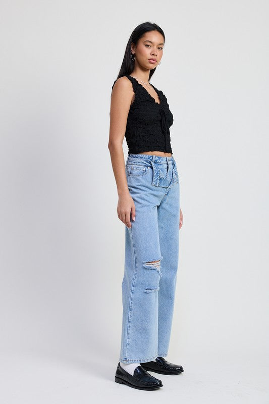 Automotive layered straight-leg denim pants by Jade Icarus, featuring a stylish layered design and classic denim texture.