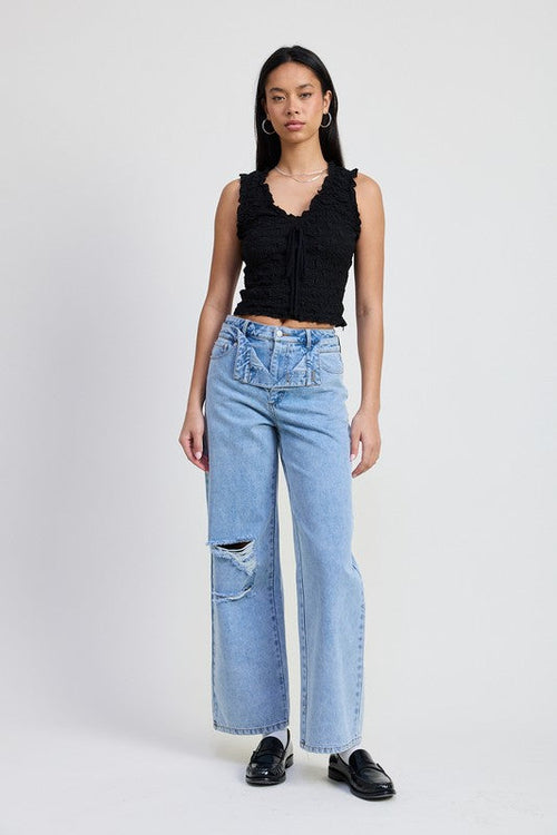 Jade Icarus layered straight leg denim pants with a unique automotive-inspired design, visible stitching, and layered style.