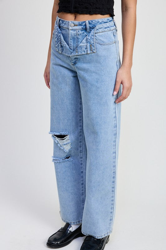 Jade Icarus layered straight leg denim pants designed for automotive wear, featuring a modern, layered denim style.