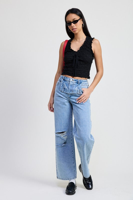 Layered straight-leg denim pants from Jade Icarus, featuring a modern automotive-inspired design and layered detailing.