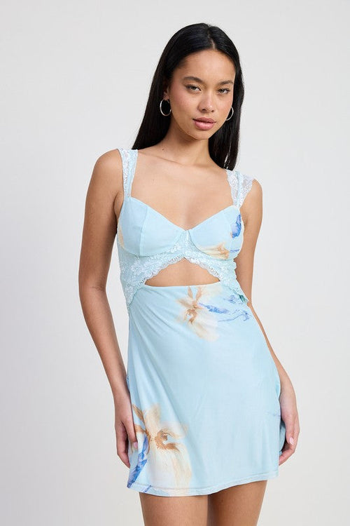 Jade Icarus mini lace contrast dress featuring delicate lace details and a fitted silhouette, perfect for stylish occasions.