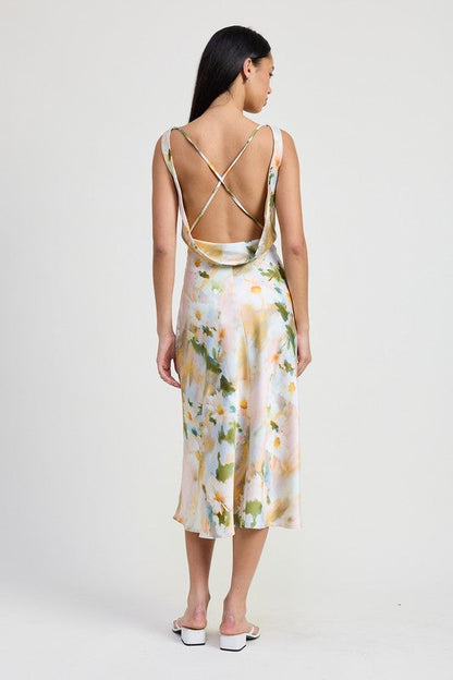 Automotive part with floral printed design, cowl neck shape, from Jade Icarus, featuring a vibrant floral pattern and elegant drape.