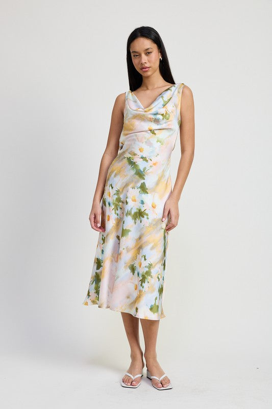 Automotive car interior featuring a floral midi cowl neck dress design, displaying vibrant colors and elegant fabric details.