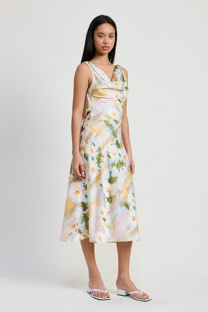 Floral midi cowl neck dress by Jade Icarus featuring a flowing silhouette and vibrant floral pattern on soft fabric.
