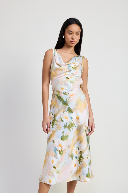 Automotive-themed Jade Icarus floral midi cowl neck dress with vibrant print, displayed on a mannequin.