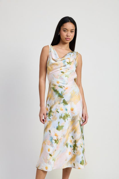 Automotive-themed Jade Icarus floral midi cowl neck dress with vibrant print, displayed on a mannequin.