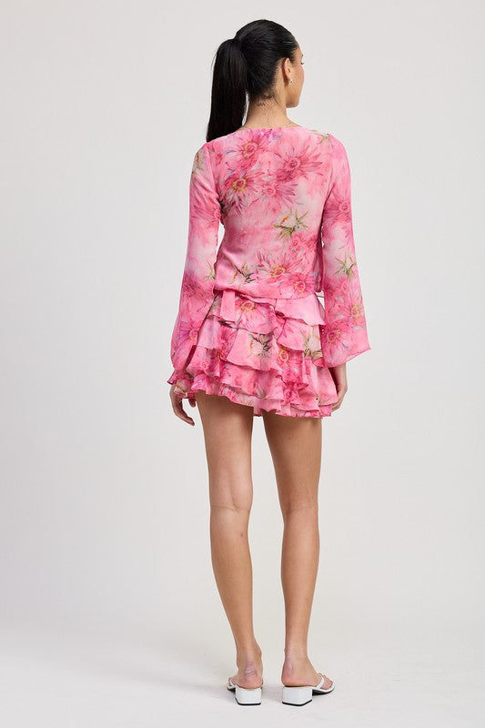 Automotive Jade Icarus Ruffle Mini Skirt with colorful fabric ruffles and tailored design, displayed on a model.
