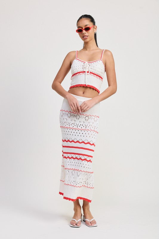 Automotive MAXI crochet skirt by Jade Icarus featuring intricate crochet pattern and flowing design.