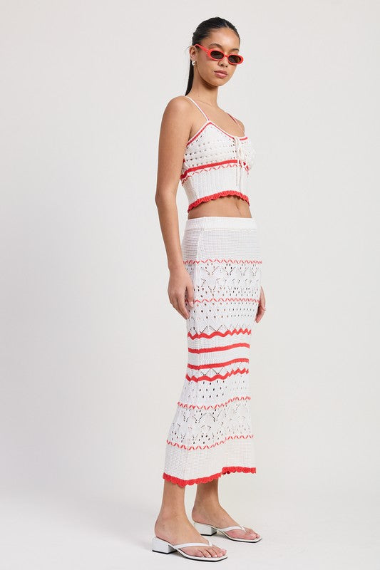 Automotive MAXI Crochet Skirt by Jade Icarus, featuring intricate crochet design and flowing fabric in a stylish fashion.