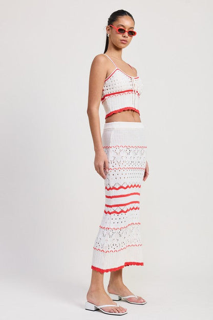 Automotive MAXI Crochet Skirt by Jade Icarus, featuring intricate crochet design and flowing fabric in a stylish fashion.