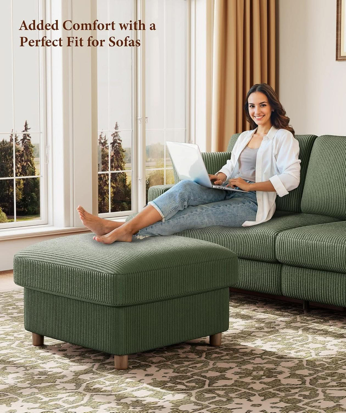Emerald Corduroy Storage Ottoman 25 Inch Cushioned