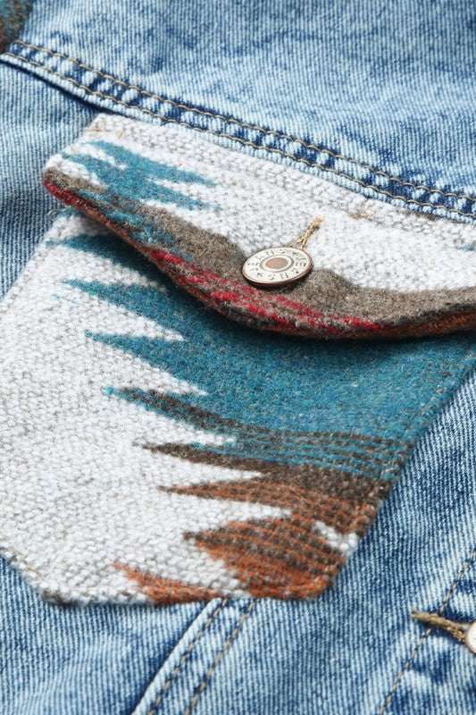 Geometric print frayed hem denim jacket from Jade Icarus with automotive-inspired design and distressed details.