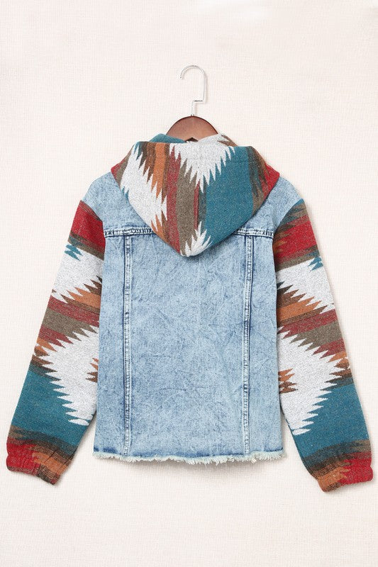 Automotive-themed denim jacket with geometric print and frayed hem by Jade Icarus, featuring detailed stitching and fabric texture.