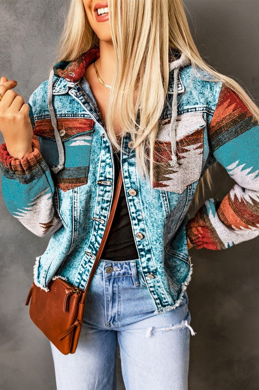 Geometric print frayed hem denim jacket by Jade Icarus, showcasing the unique design and distressed detailing.