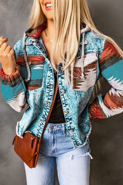 Geometric print frayed hem denim jacket by Jade Icarus, showcasing the unique design and distressed detailing.