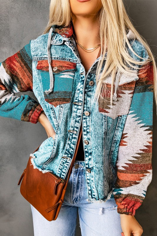 Geometric print frayed hem denim jacket by Jade Icarus, showcasing stylish frayed edges and unique geometric design.