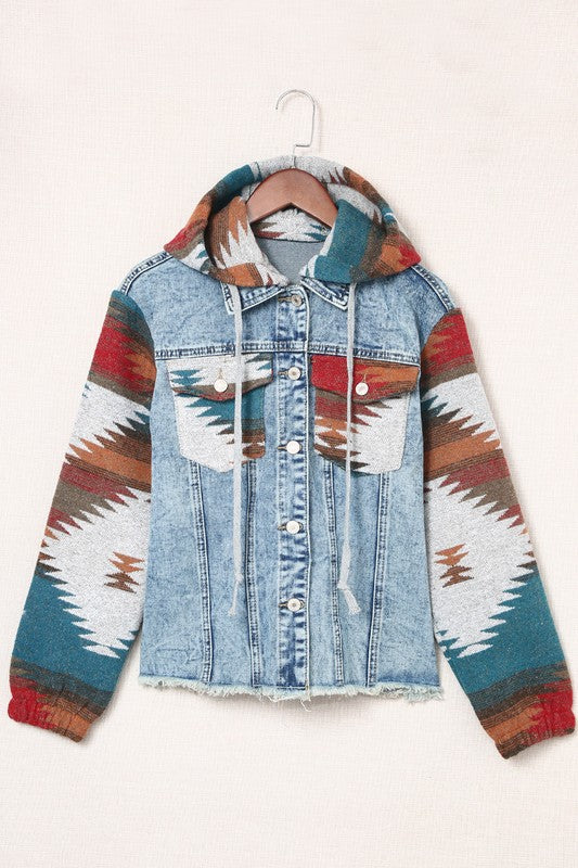 Geometric print frayed hem denim jacket by Jade Icarus, featuring automotive-inspired design and distressed denim details.