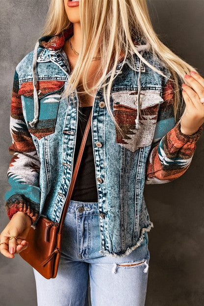 Automotive-themed Jade Icarus denim jacket with geometric print and frayed hem, featuring a stylish, casual design.
