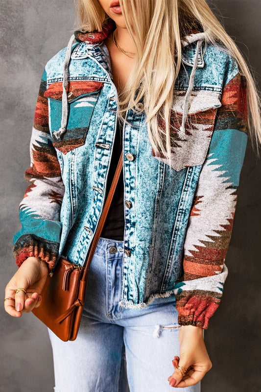 Automotive-themed denim jacket with geometric print and frayed hem by Jade Icarus, styled with visible stitching and fabric details.
