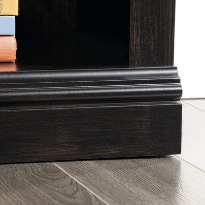 Three-tier wooden bookshelf in estate black with adjustable shelves by Peach Maple, showcasing a sturdy furniture piece for organizing books.