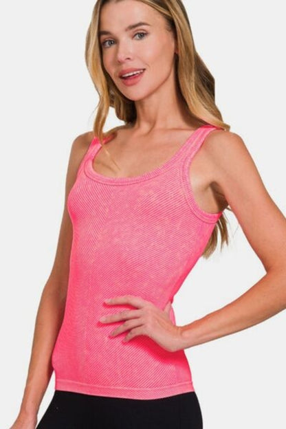 Women’s Jade Icarus Zenana ribbed scoop neck tank top, shown in a fitted, ribbed fabric style with sleeveless design.
