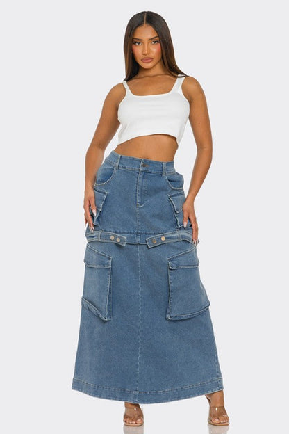 Jade Icarus utility denim maxi skirt with large side pockets, styled for casual wear, full length denim skirt in a light wash.