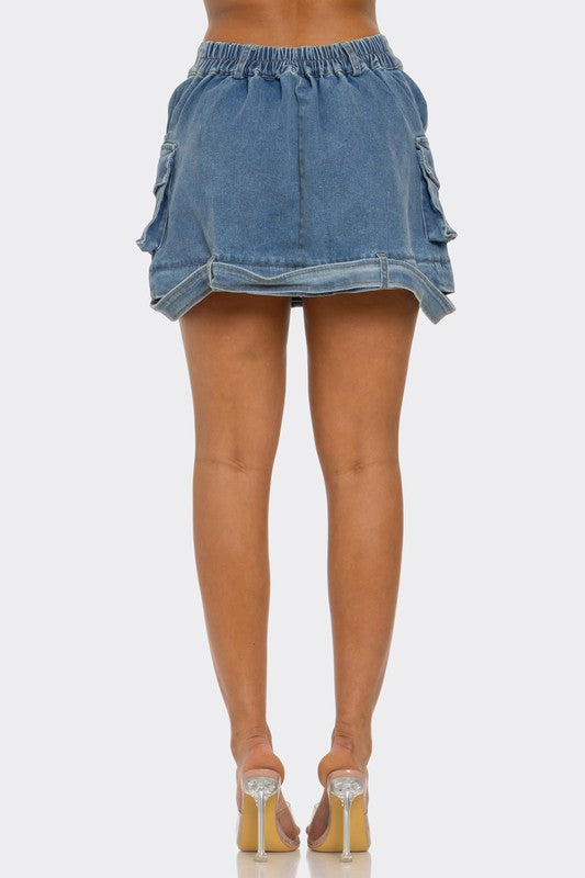 Jade Icarus utility denim maxi skirt with functional pockets and rugged style, displayed on a mannequin.