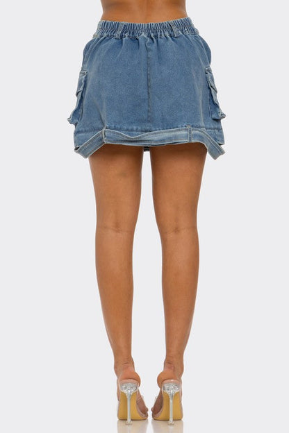 Jade Icarus utility denim maxi skirt with functional pockets and rugged style, displayed on a mannequin.