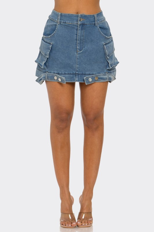 Jade Icarus utility denim maxi skirt, featuring a long, dark blue denim design with functional pockets and a relaxed fit.