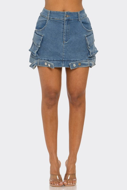 Jade Icarus utility denim maxi skirt, featuring a long, dark blue denim design with functional pockets and a relaxed fit.