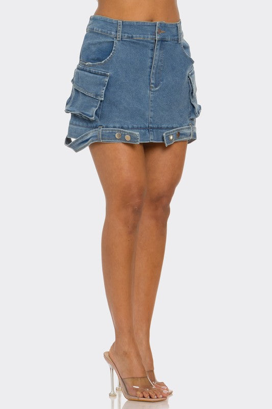 Utility denim maxi skirt from Jade Icarus featuring automotive-inspired design and durable denim fabric.