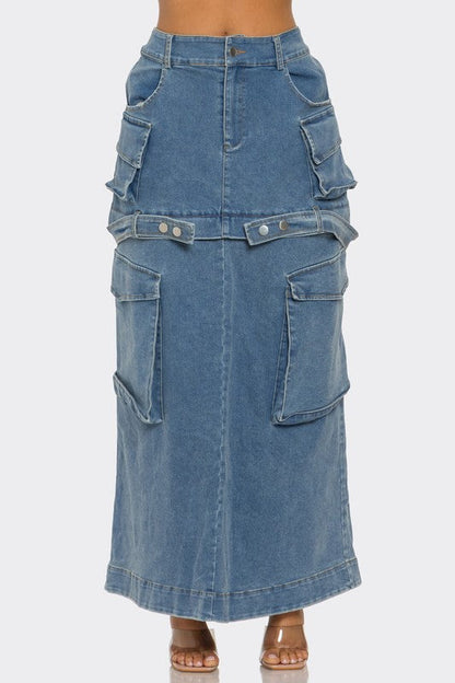 Jade Icarus utility denim maxi skirt with functional pockets and a relaxed fit, displayed on a model.