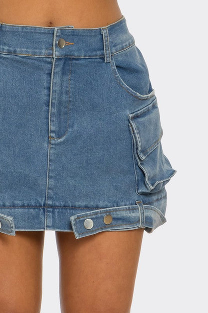 Jade Icarus utility denim maxi skirt with functional pockets and durable fabric, styled for casual and outdoor wear.