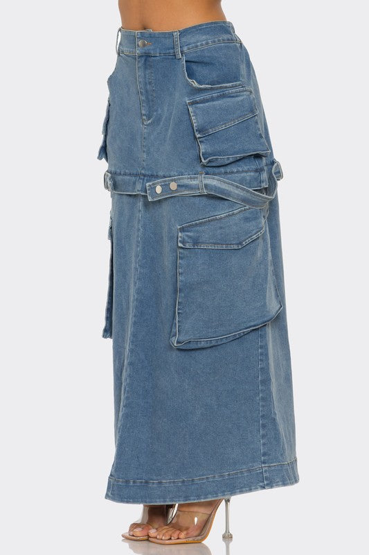 Jade Icarus utility denim maxi skirt with large patch pockets and a high waist, styled with casual and automotive-inspired details.